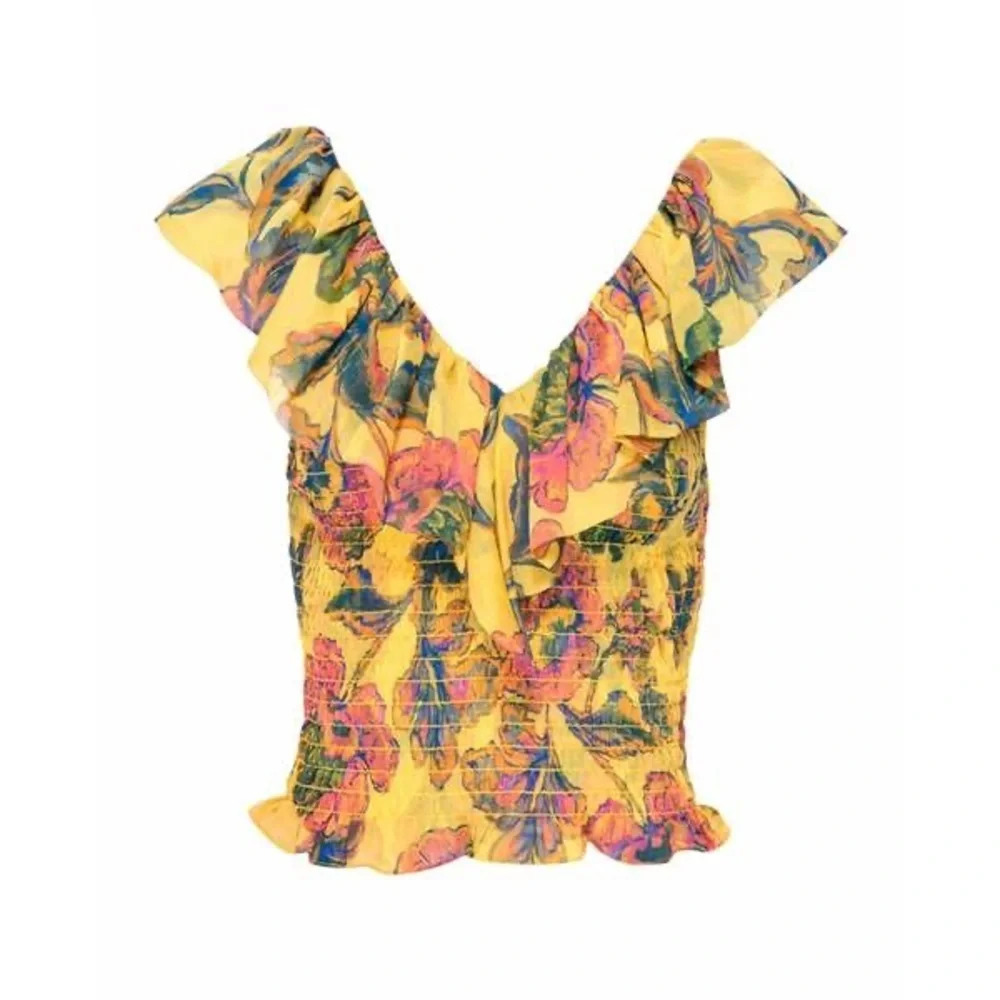 NWT MISA Los Angeles Cara Floral-Print Ruffle Smocked Top in Grand Canary Yellow